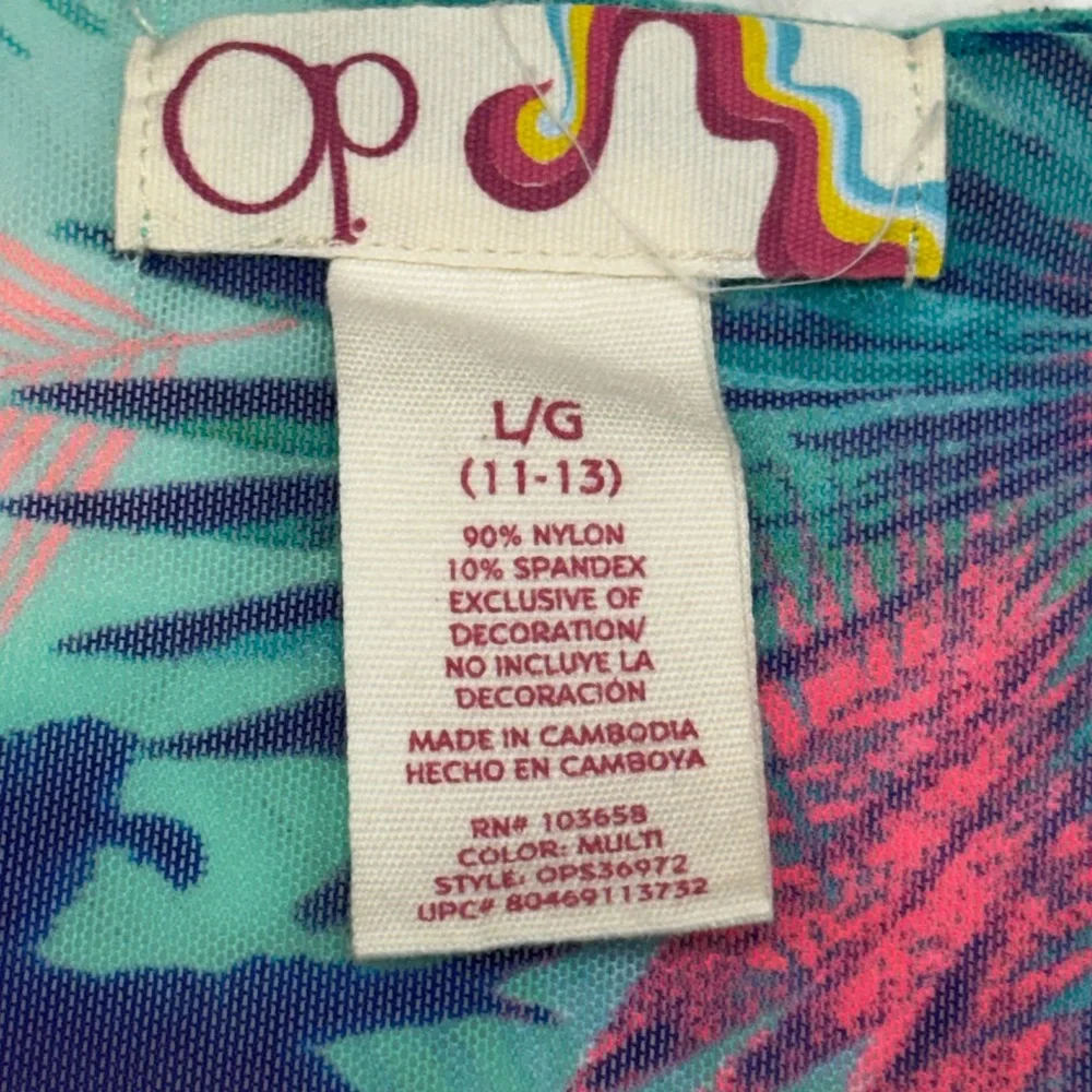 OP Turquoise Pink Swim Cover Up Size 11/12 Tassel Tie Tropical Print Beachy